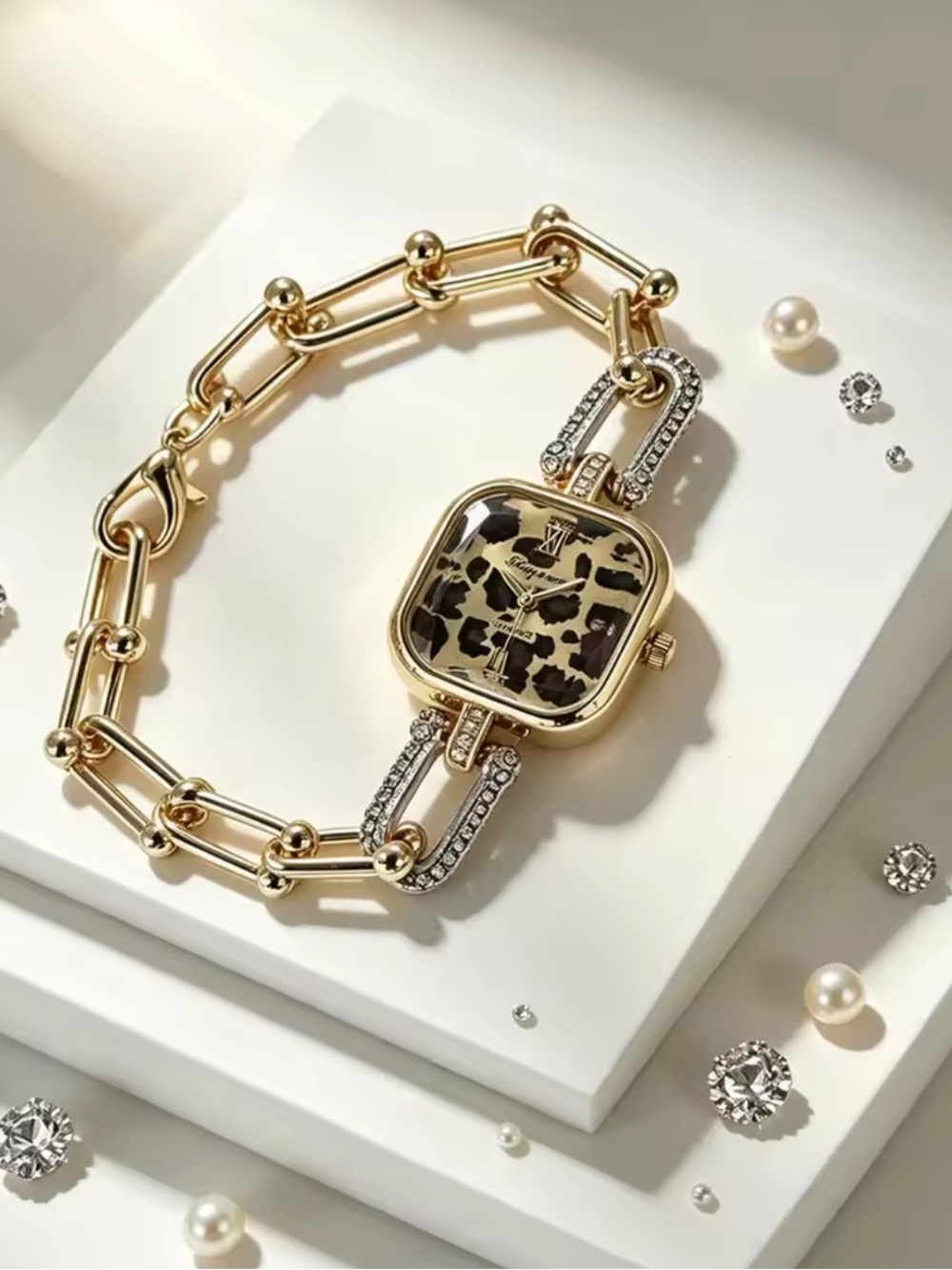 Gold Leopard-Print Link Bracelet Watch